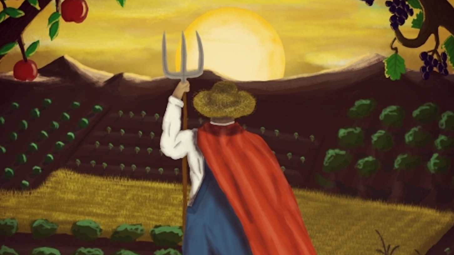 Illustration of a farmer looking at the fields with various crops 
