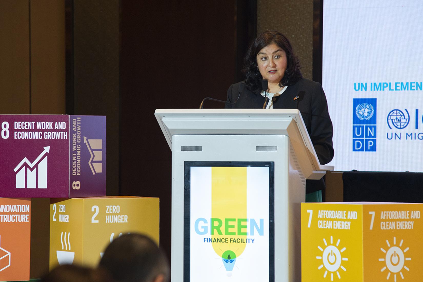 UN Resident Coordinator in North Macedonia Rossana Dudziak speaking at the Green Finance Facility Product launch event